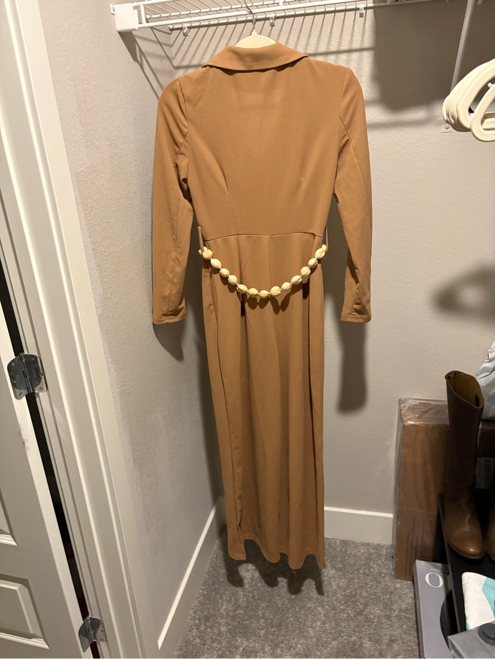 Women Long Sleeve Camel jumpsuit with Tailored Collar and optional belt size xs - Picture 4 of 11